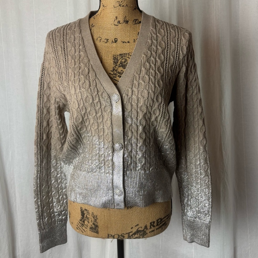 NWOT J Society Lynne Taupe Cable Knit Cardigan Metallic Ombré Dip Dye Sz S